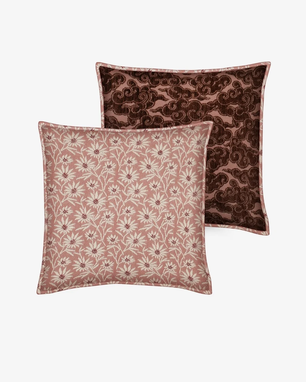 palais-double-sided-outdoor-cushion-mako-rose-pink-ecru-yin-brown Double sided cushion Mako Rose & Ecru x Yin Chocolate & Rose - Afbeelding 1