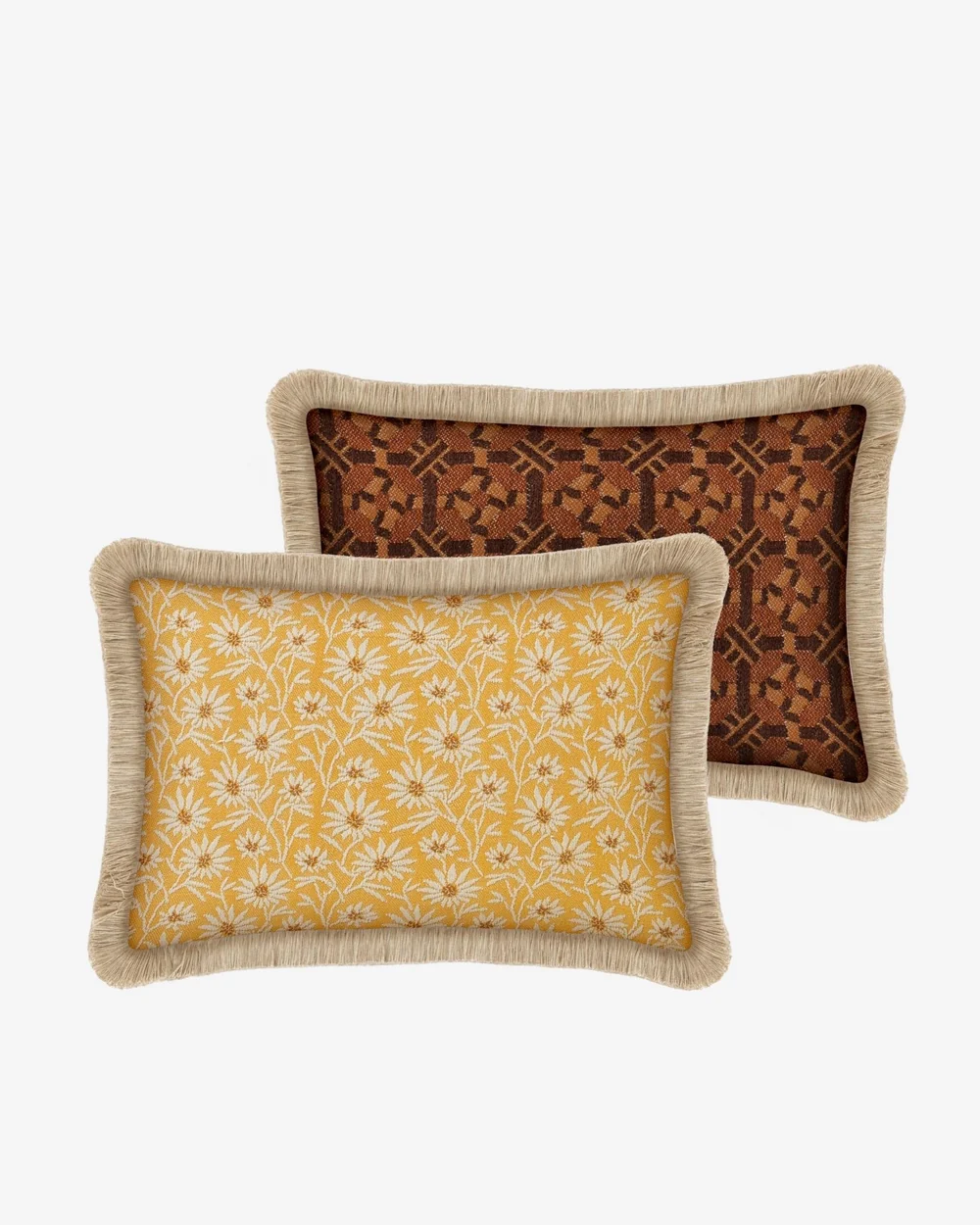 palais-double-sided-outdoor-cushion-mako-yellow-ecru-coco-brown-orange Dubbelzijdig kussen Mako Zonnebloem & Ecru x Coco Chocolade & Karamel - Afbeelding 1